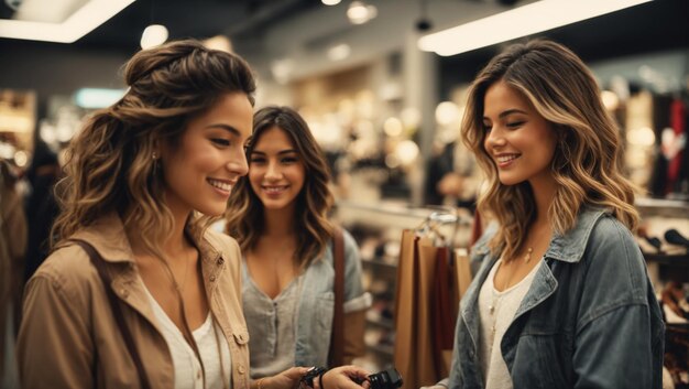 Foto mulheres jovens e atraentes a sorrir a fazer compras numa loja de sapatos.