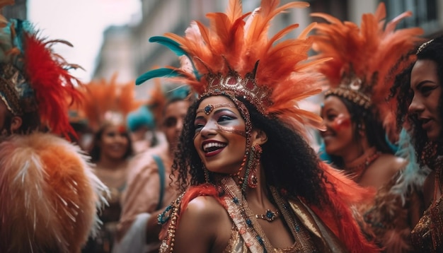 Mulheres jovens em roupas tradicionais dançam samba gerado por IA