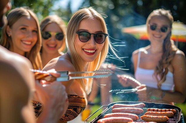 Foto mulheres jovens em um piquenique grelhando salsichas ao ar livre