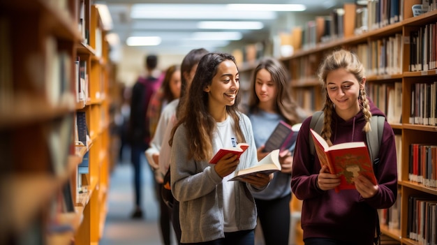 Mulheres jovens exploram uma biblioteca caminhando entre altas estantes cheias de conhecimento
