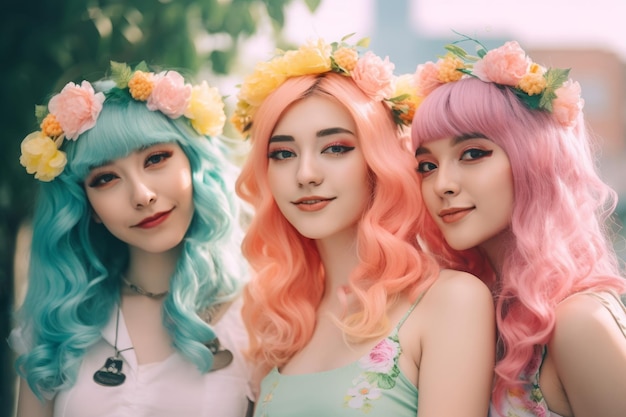 Mulheres jovens felizes com cabelos coloridos e decoração de flores Adolescentes com penteado multicolorido ondulado Gerar ai
