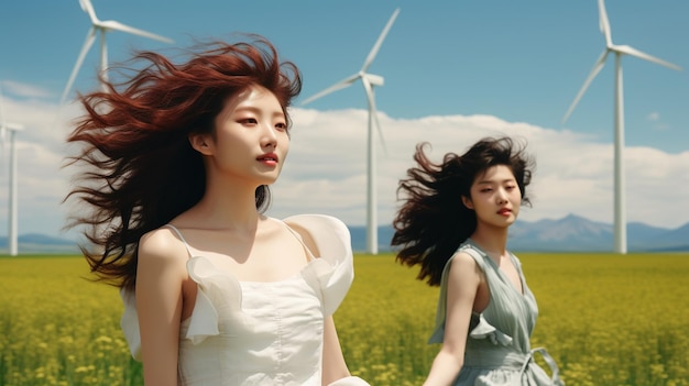 mulheres jovens felizes em vestido branco com turbina eólica no campo