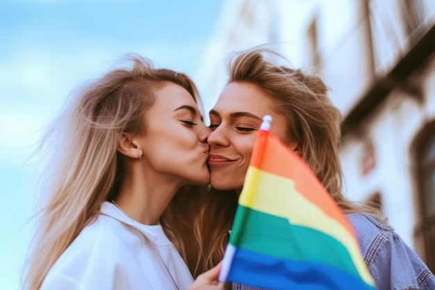 Foto mulheres jovens felizes se abraçando segurando a bandeira lgbtq ai generative