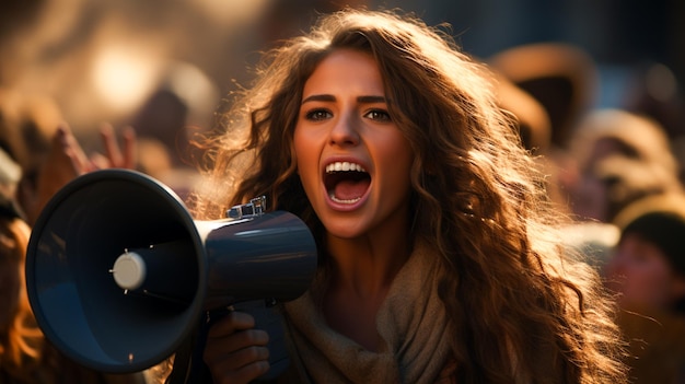 Mulheres jovens gritando em megafone transmitindo mensagem