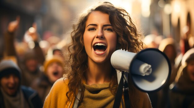 Mulheres jovens gritando em megafone transmitindo mensagem