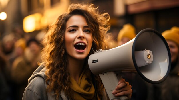 Mulheres jovens gritando em mensagem de transmissão de megafone