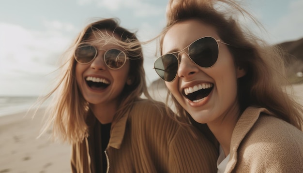 Mulheres jovens na praia tirando selfie e rindo