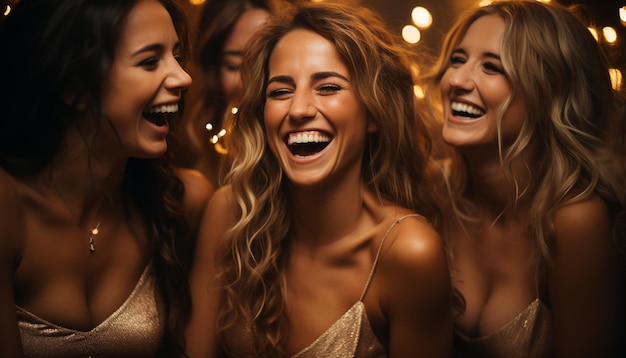 Foto mulheres jovens sorridente desfrutar da vida noturna amizade e festa alegre gerada por inteligência artificial