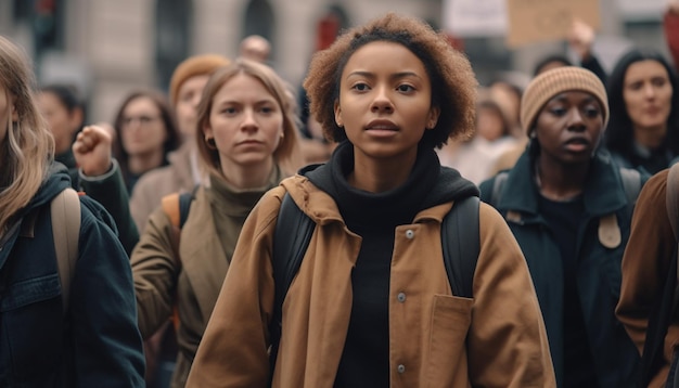 Mulheres jovens sorridentes andando na cidade gerada por IA