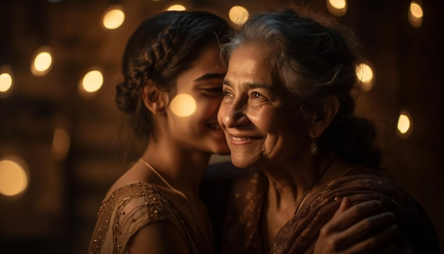 Mulheres jovens sorridentes se abraçando em celebração iluminada gerada por IA