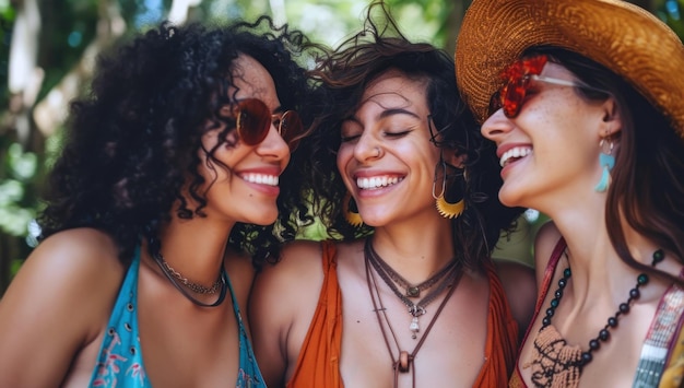 Mulheres jovens sorrindo e posando juntas Mulheres desfrutando da vida durante uma reunião social ou feriado