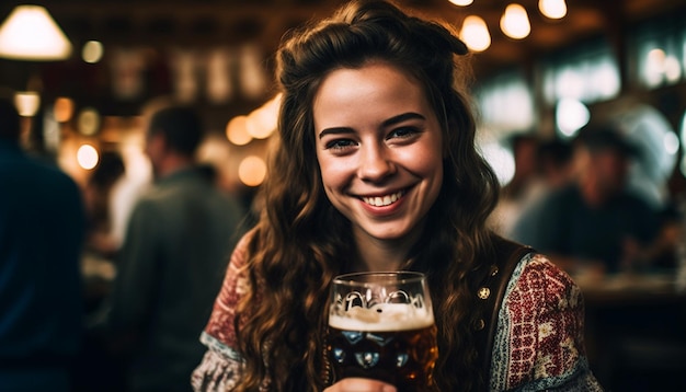 Mulheres jovens sorrindo segurando um copo de cerveja curtindo a noite no bar gerada por IA