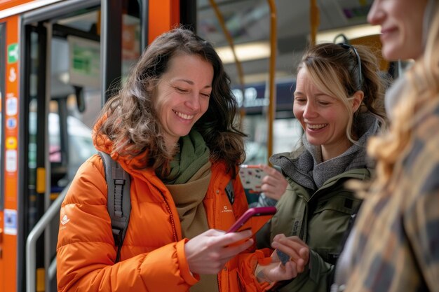 Foto mulheres jovens usam telefones celulares para comprar bilhetes e pegar ônibus