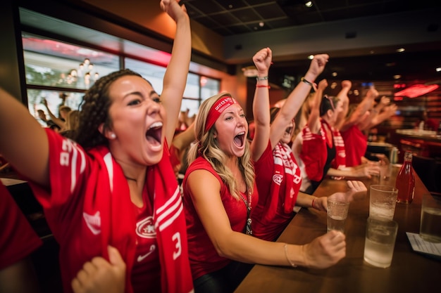 Mulheres jubilosas comemorando gol na festa de visualização