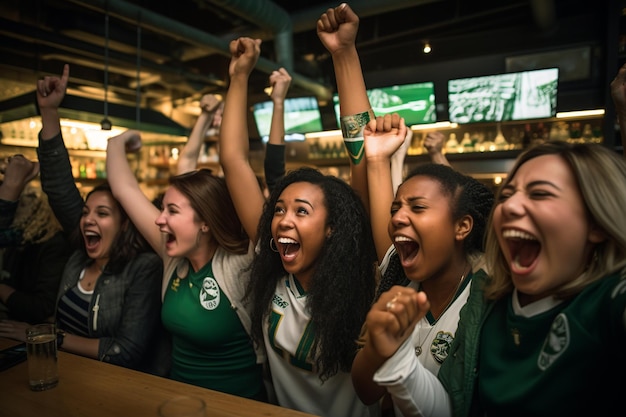 Mulheres jubilosas comemorando gol na festa de visualização