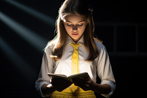 Mulheres lendo livro em uma sala escura Menina lendo livro místico numa sala escura