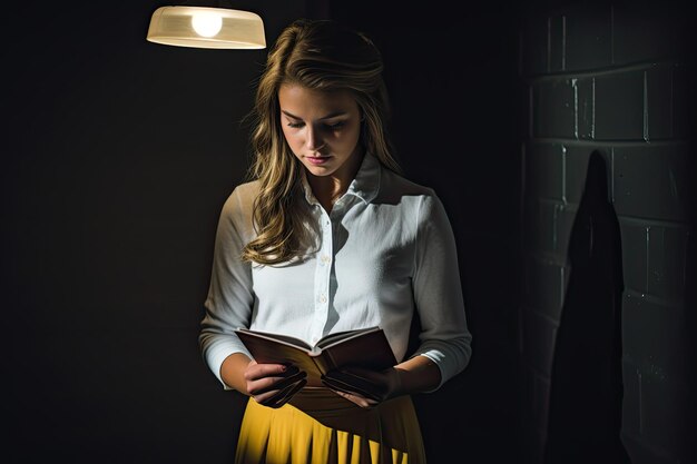 Mulheres lendo livro em uma sala escura Menina lendo livro místico numa sala escura