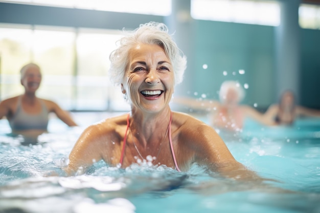 Mulheres maduras a divertirem-se e a fazer aeróbica aquática na piscina