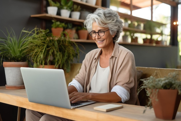 Mulheres maduras com computador sorrindo Generative AI