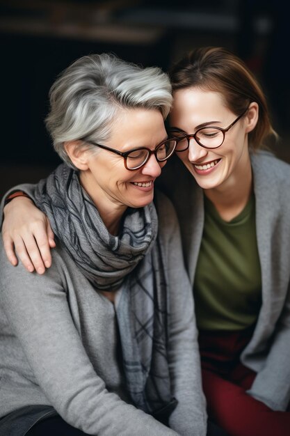 Mulheres maduras sorridente abraçar apoiando na sessão de psicoterapia no escritório