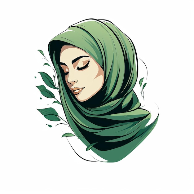 Mulheres muçulmanas hijabi com folha de arte de linha desenhada à mão logotipo de ilustração para moda boutique ou negócios
