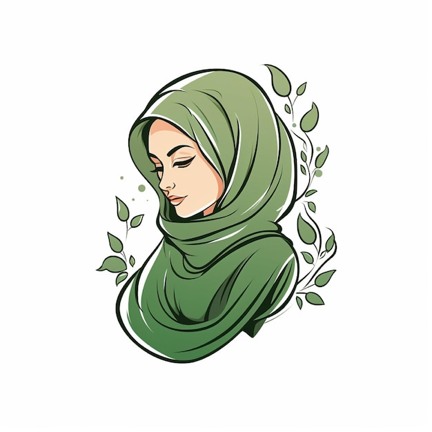 Mulheres muçulmanas hijabi com folha de arte de linha desenhada à mão logotipo de ilustração para moda boutique ou negócios