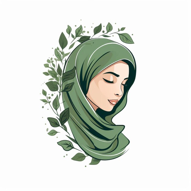 Mulheres muçulmanas hijabi com folha desenhada à mão ilustração de arte de linha logotipo para moda boutique ou negócios