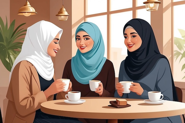 Mulheres muçulmanas se encontram em uma cafeteria árabe
