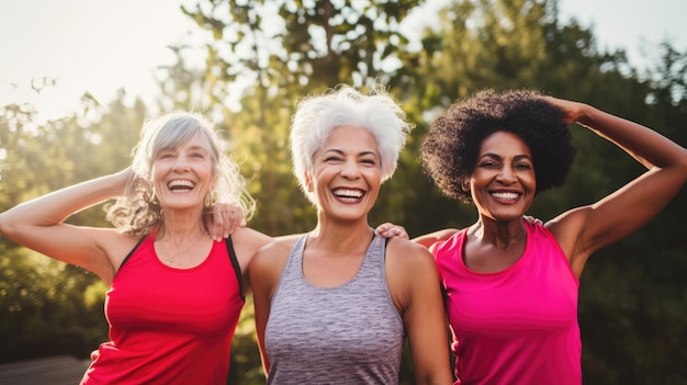 Mulheres multirraciais idosas se divertindo juntas após treino esportivo ao ar livre