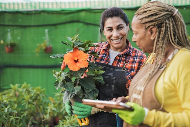 Mulheres multirraciais maduras trabalhando juntas dentro da casa verde Mulher latina segurando flor enquanto mulher africana usando tablet digital