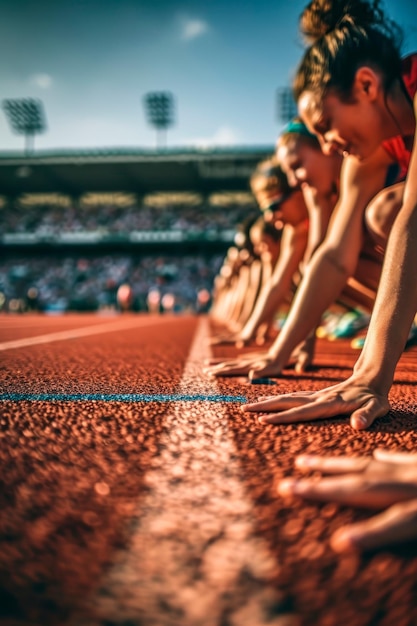 Foto mulheres na equipe olímpica de atletismo enquanto se preparam para uma corrida