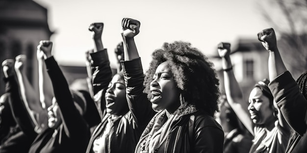 Foto mulheres negras marcham juntas em protesto braços e punhos erguidos em prol do ativismo na comunidade