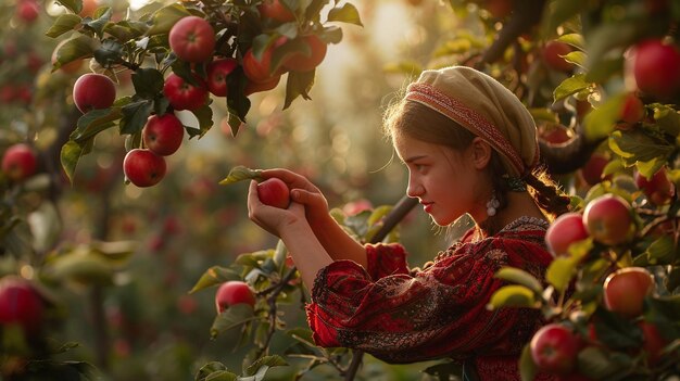 Mulheres no pomar colhendo maçãs de árvores para nutrição de frutas frescas