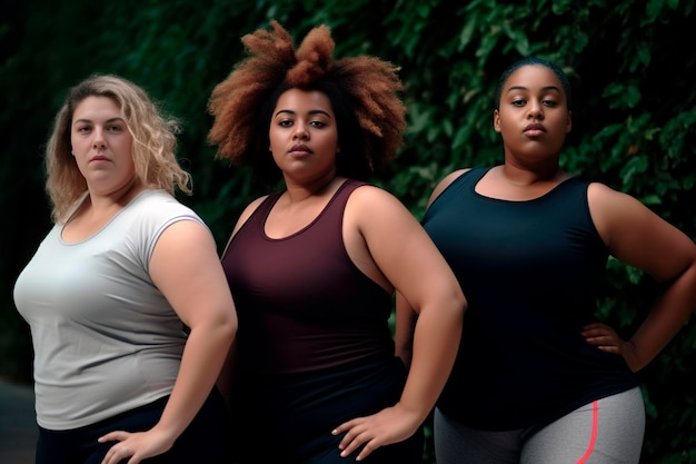 Mulheres plus size de diferentes etnias posando em roupas esportivas