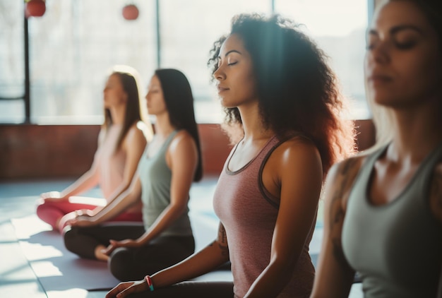 Foto mulheres praticam ioga no ginásio.
