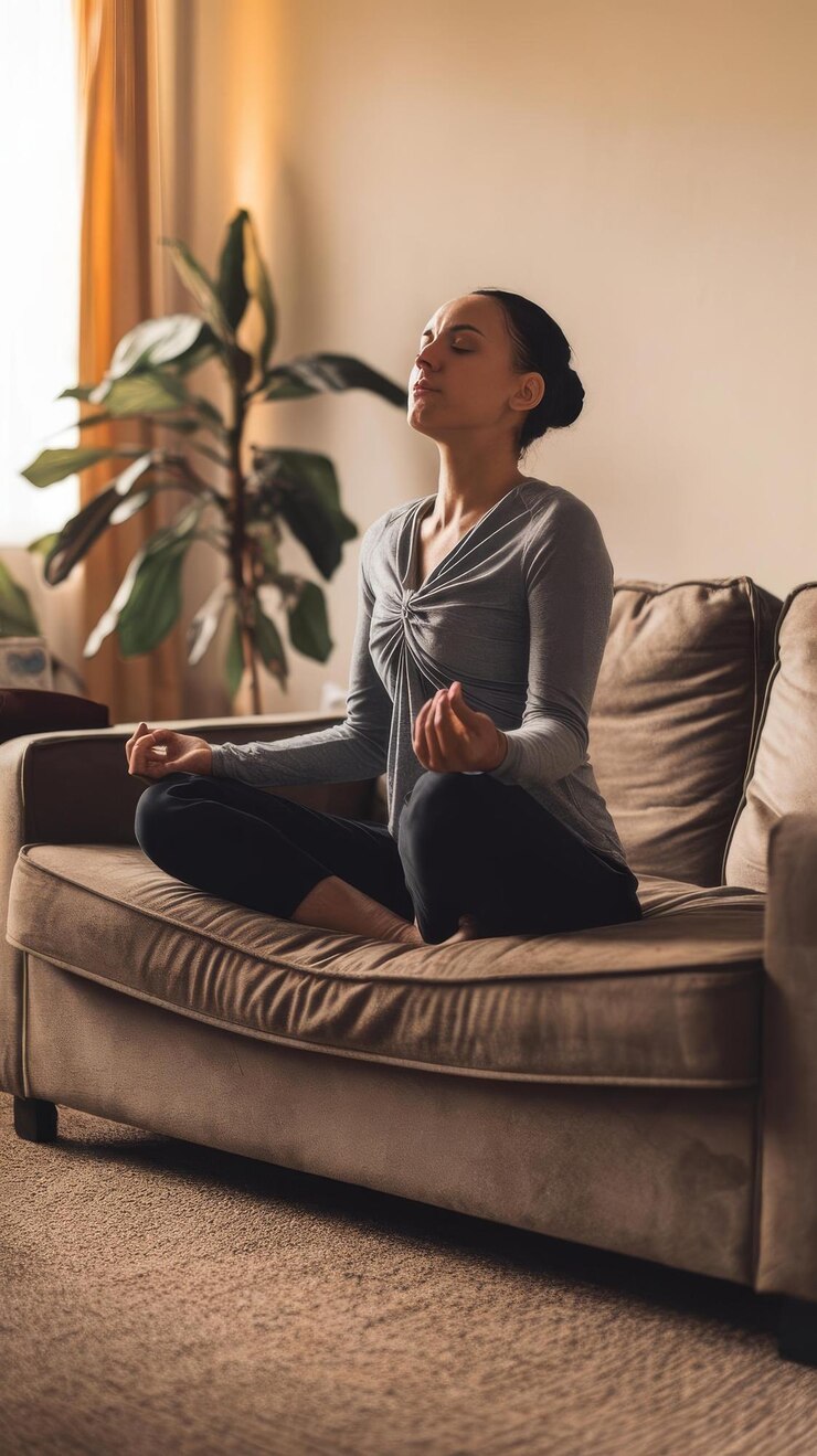 Foto mulheres praticando exercícios de respiração de ioga no sofá em casa reduzindo o estresse meditação de bem-estar