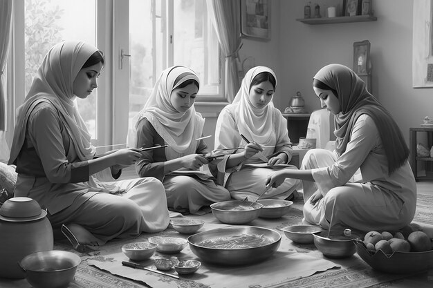 Mulheres preparando o Eid al-Fitr em casa