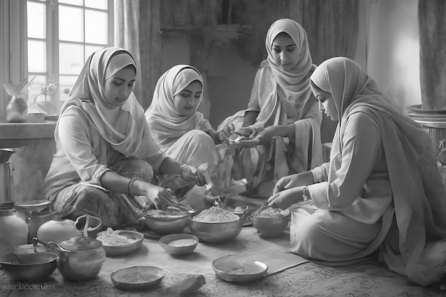 Mulheres preparando o Eid al-Fitr em casa