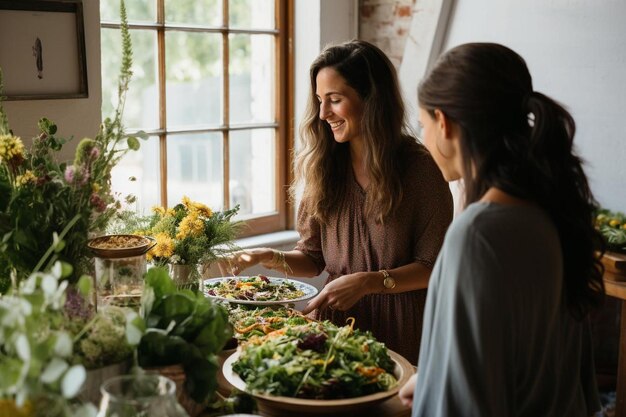 Foto mulheres preparando uma deliciosa comida na mesa para os amigos se juntarem