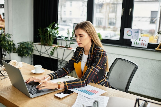 Mulheres profissionais focadas no laptop enquanto estão cercadas de plantas e gráficos de escritório