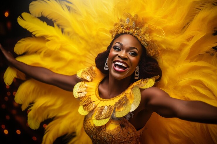 Mulheres radiantes de alegria de carnaval com extravagante tocado de penas
