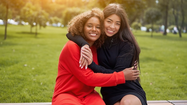 Foto mulheres se abraçando ao ar livre