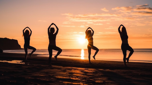 Mulheres se exercitam na praia representando um fundo de dança