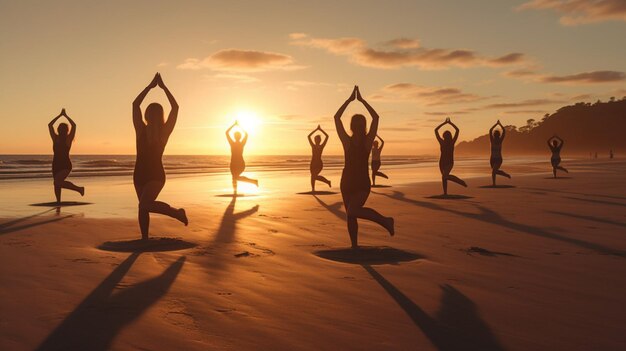 Mulheres se exercitam na praia representando um papel de parede do nascer do sol