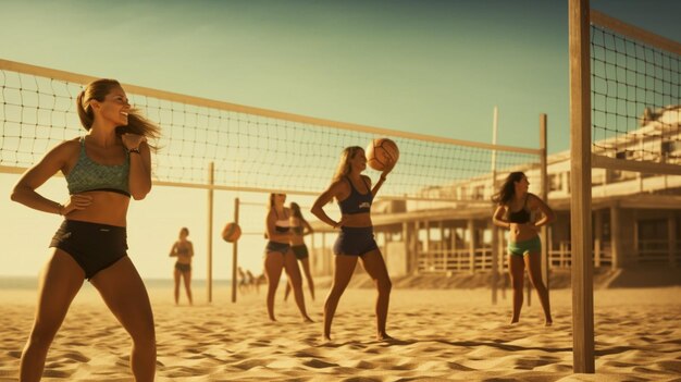 Foto mulheres se exercitam na praia representando um papel de parede