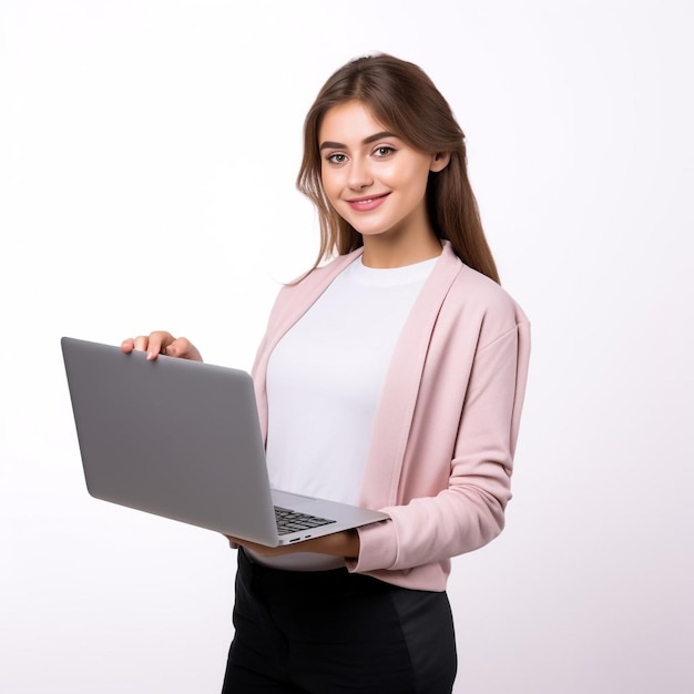 Mulheres segurando um laptop e trabalhando no laptop isoladas em fundo branco