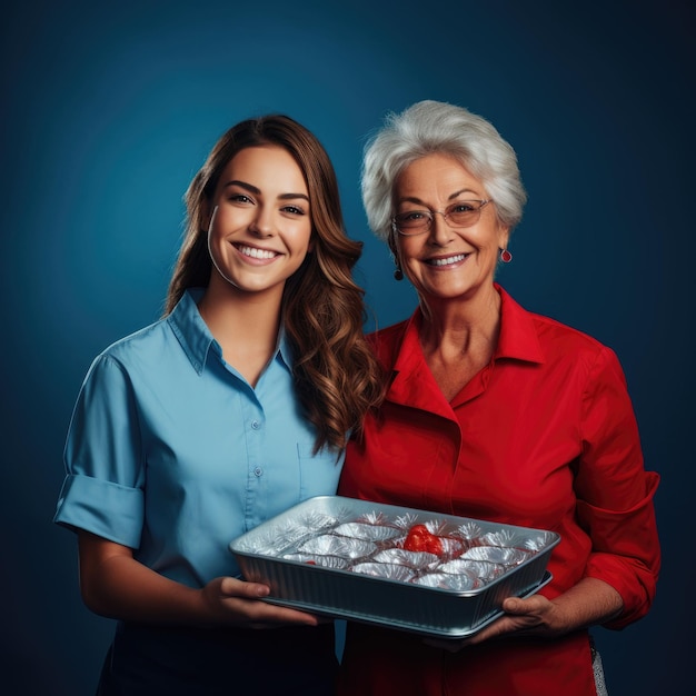 Mulheres segurando uma bandeja de comida