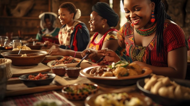 mulheres sentadas à mesa com comida e uma delas com uma faca na mão.