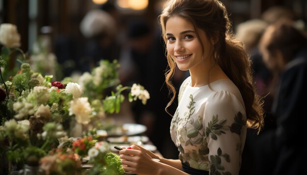 Foto mulheres sorridente jovens adultos alegres olhando para a câmera segurando flores geradas por ia