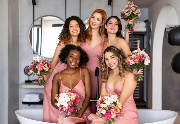 Foto mulheres sorridentes de tiro médio posando com flores